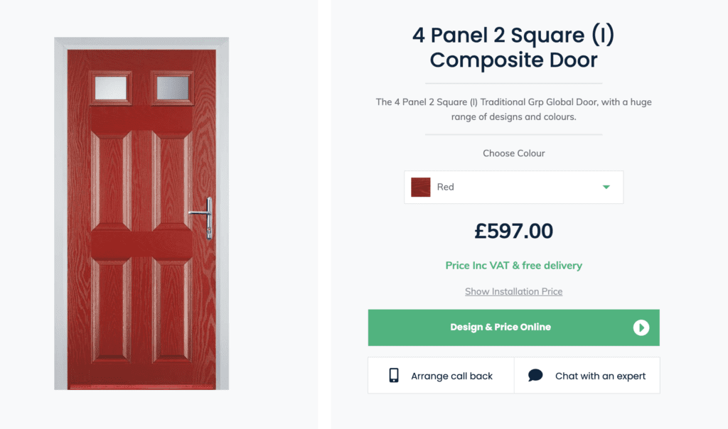 front door: Door Stop 4 Panel 
2 Square composite door in Red with price. 