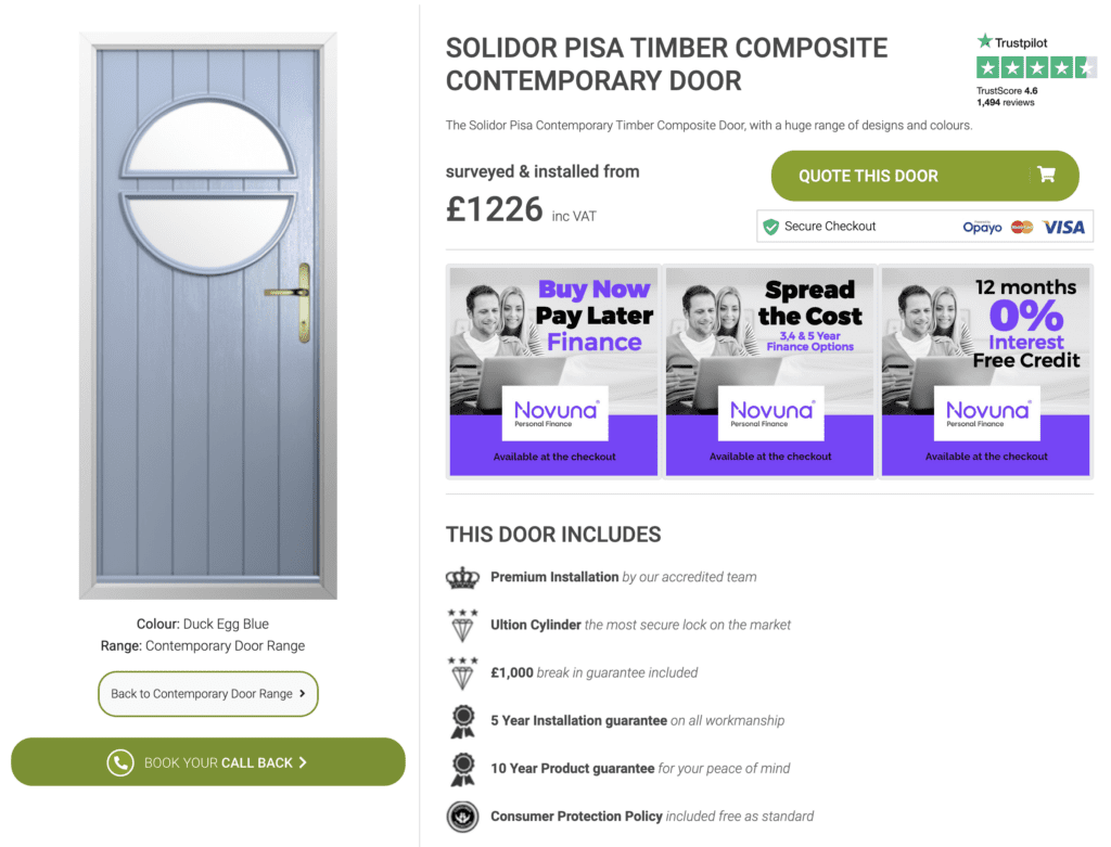 GFD Homes front door: Solidor Pisa composite door in Duck Egg Blue with price. 