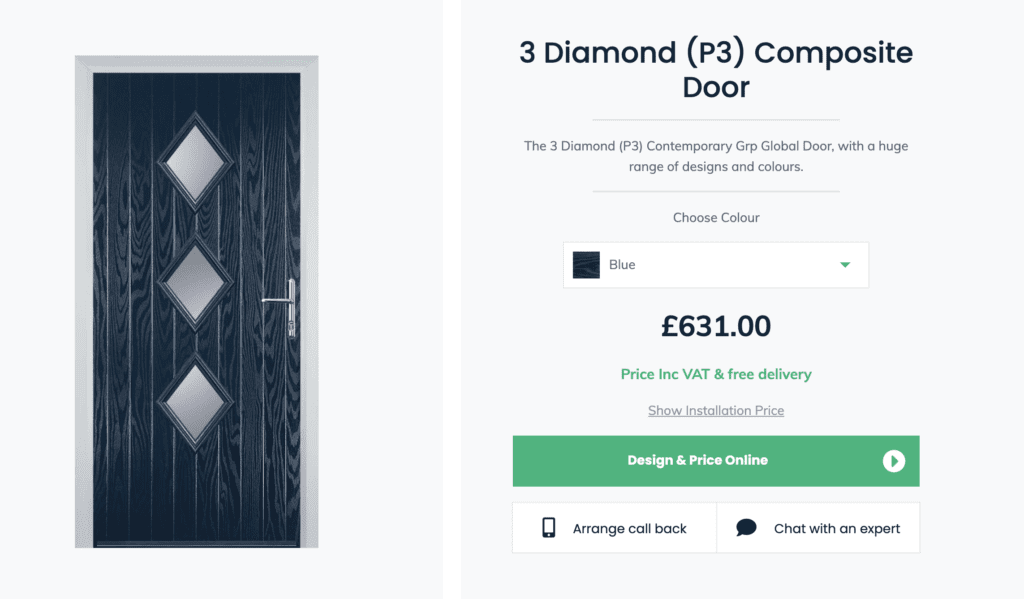 GFD Homes front door: Door Stop 3 Diamond (P3) composite door in Blue with price. 