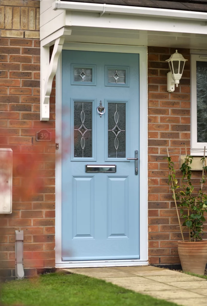 GFD Homes front door: 2 Panel 4 square Door Stop door in Duck Egg Blue. 