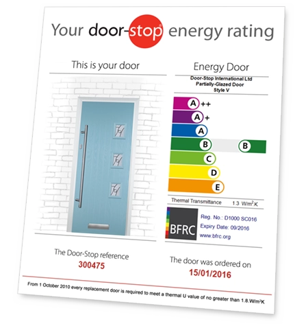 GFD Homes front door: Door Stop door with energy rating.