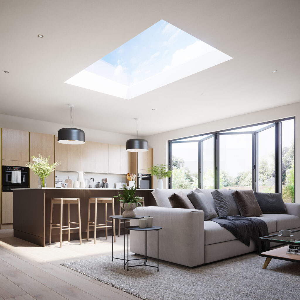 GFD Homes roof lantern vs skylight: Korniche flat glass roof light installed above kitchen and living room area.