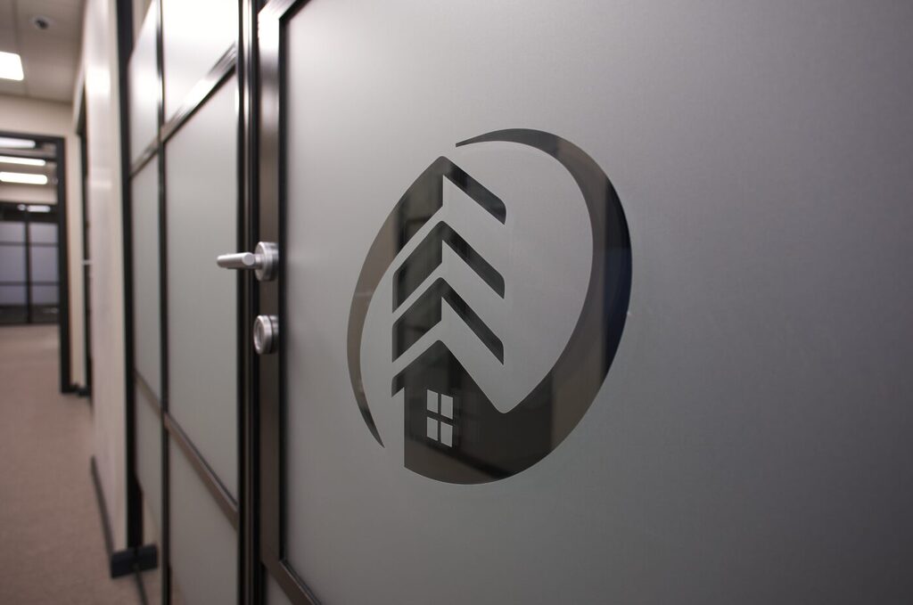 GFD Homes aluspace internal doors are used within our own offices here with satin glass and the company logo