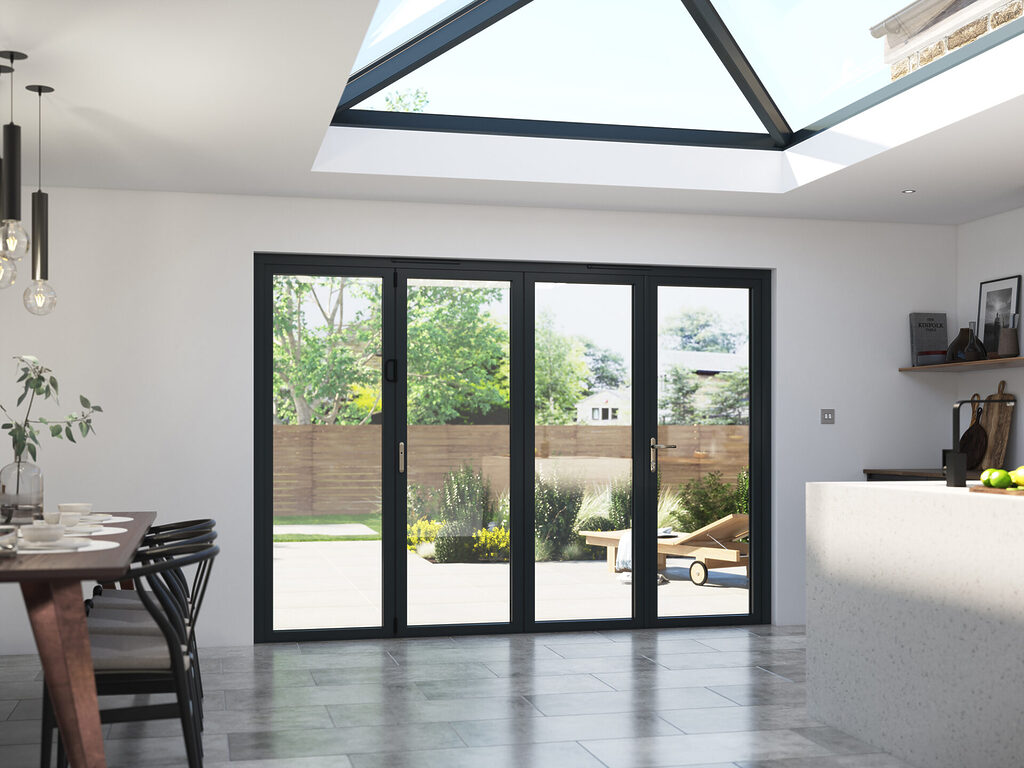 GFD Homes How much are bifold doors: Korniche 4 Panel Bifold installed in a living room with a garden view. 