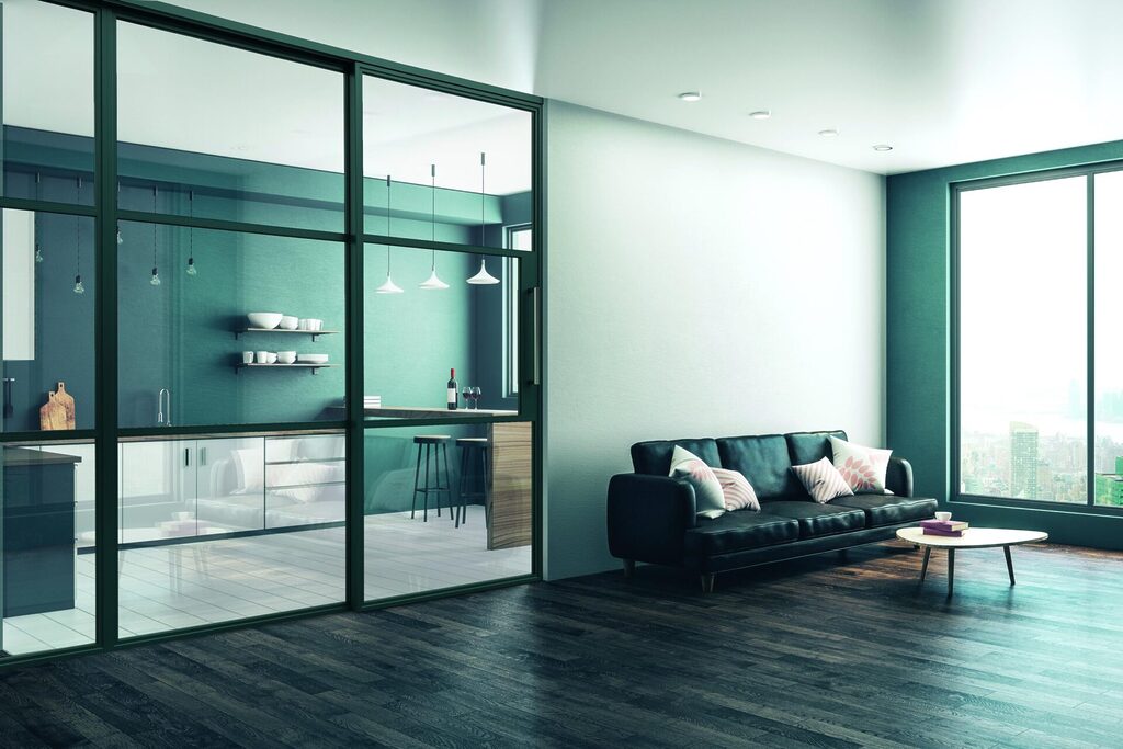 GFD Homes AluSpace Internal Doors with Glass used ito partition the living room and kitchen areas. 