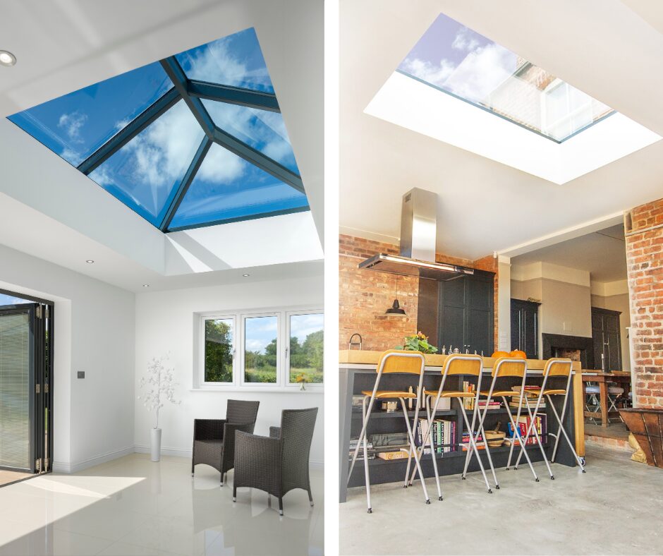 GFD Homes Roof Lantern on the left ceiling and roof light on the right ceiling, enhancing the room aesthetics.  