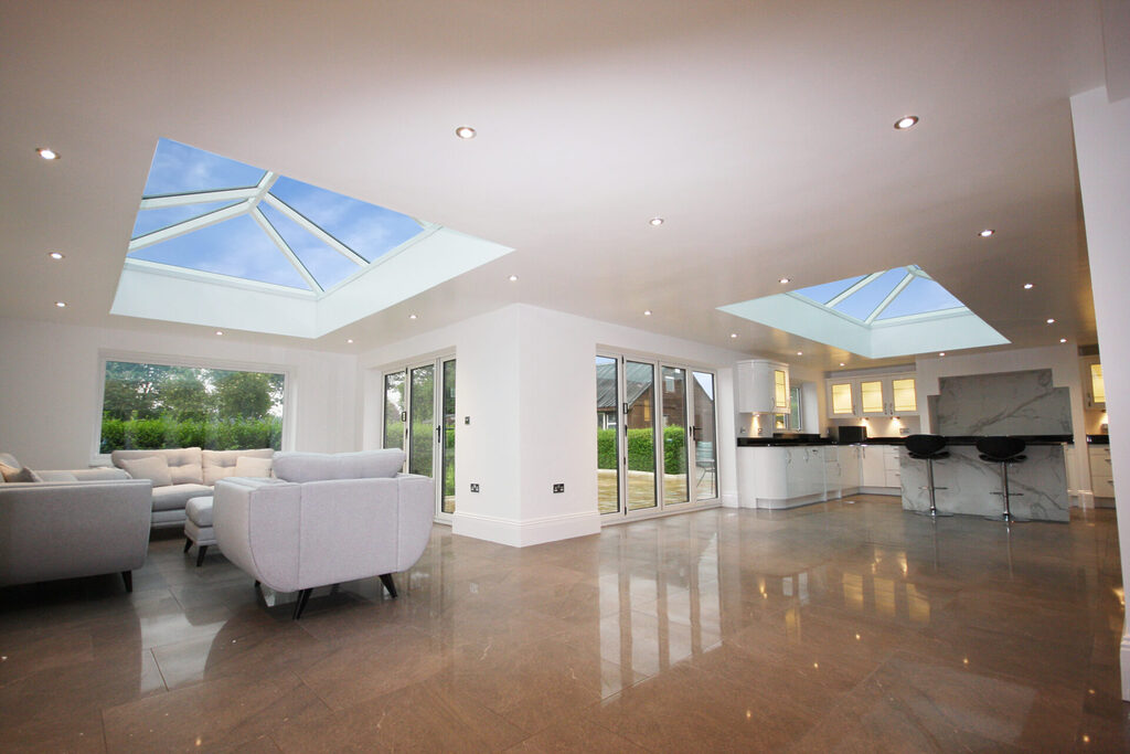 GFD Homes How to clean a roof lantern: 2 Korniche roof lanterns installed within the living room of a home. 