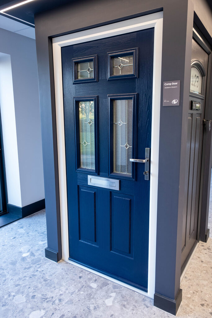 GFD Homes Window showroom: Comp Door Middleton in Blue, installed in our showroom. 
