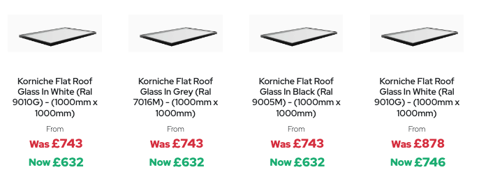 GFD Homes Korniche Flat Glass Roof Light options and prices. 