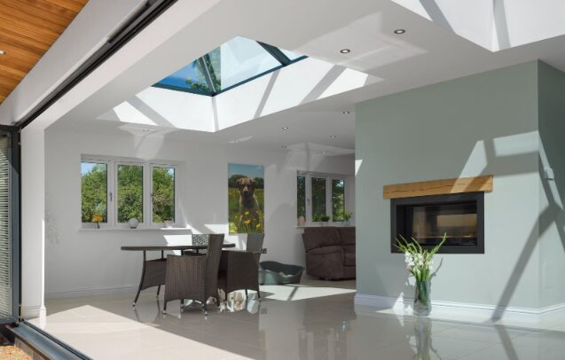 GFD Homes Roof lantern installed in roof above dining table to allow more light to enter the room. 