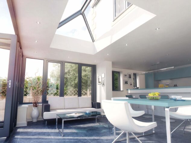 GFD Homes Atlas roof lantern installed above open plan kitchen and living room. 