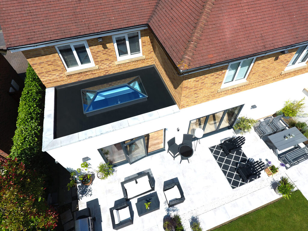 GFD Homes Aerial shot of a korniche roof lantern on a flat roof extension