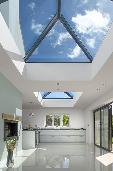 Interior shot of a kitchen extension with two roof lanterns installed