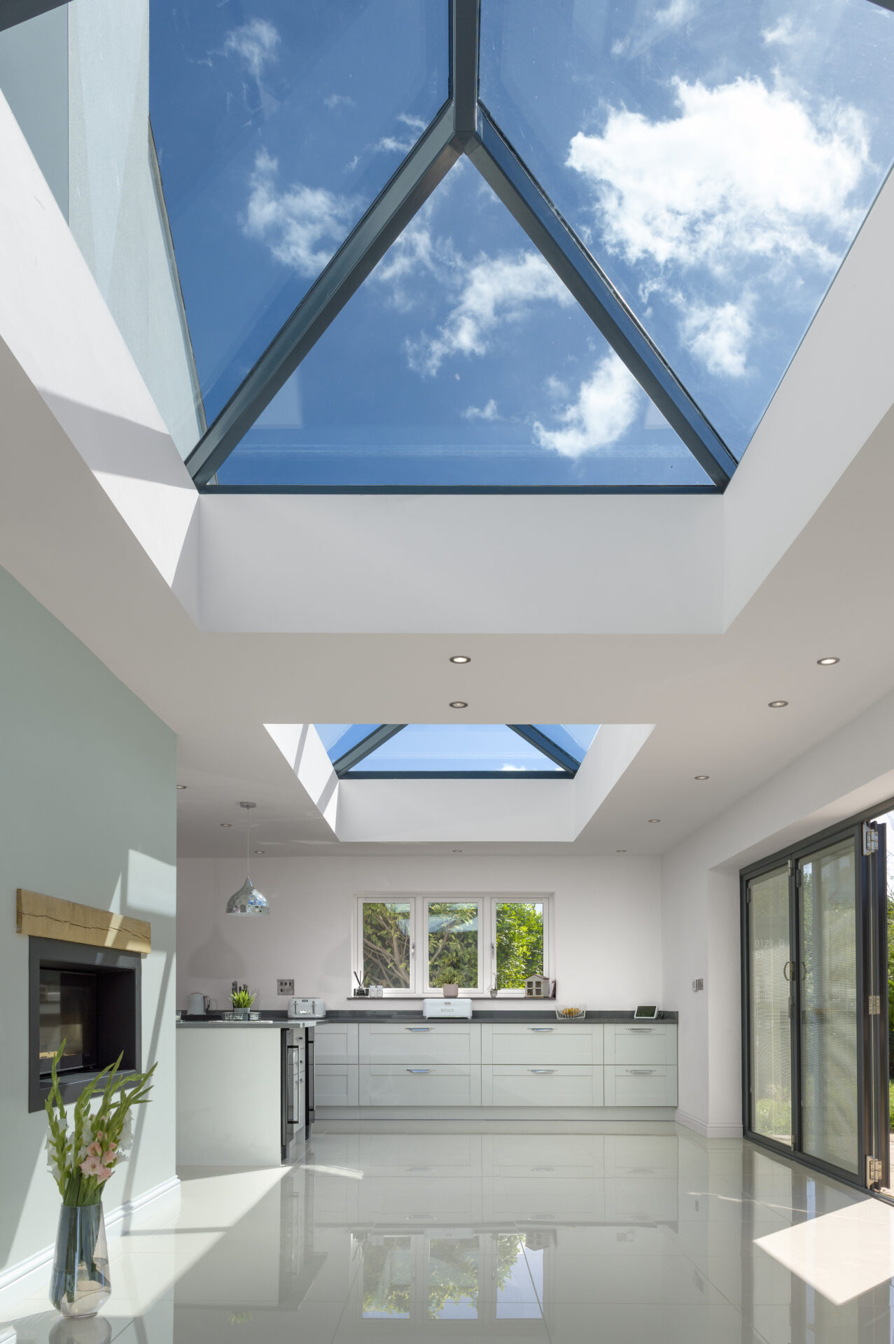 GFD Homes Interior shot of a kitchen extension with two roof lanterns installed