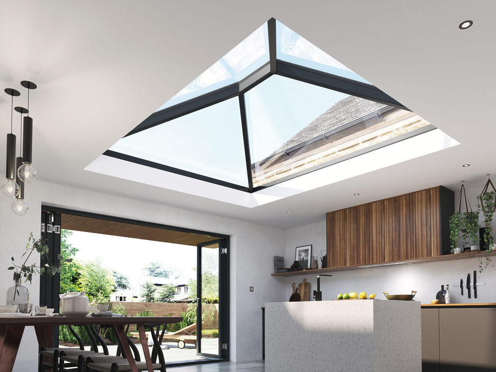 GFD Homes Atlas roof lantern illuminates the sky above a kitchen & dining room extension