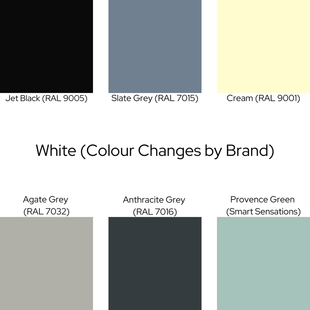 GFD Homes aluminium framed windows: image showing the different shades of popular aluminium framed window colours.