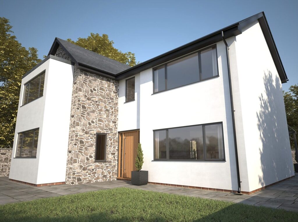 aluminium frame windows: exterior shot of house with black aluminum framed windows 
