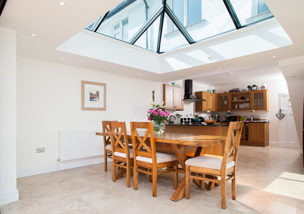 GFD Homes An Atlas roof lantern creates a vibrant dinning space in a kitchen extension