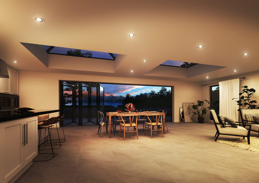 GFD Homes how to dress bifold doors: interior shot of an extension with bifold doors 