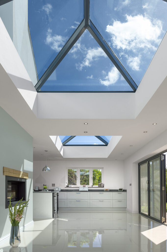 GFD Homes korniche roof lantern installation: internal shot of 2 installed korniche roof lanterns 