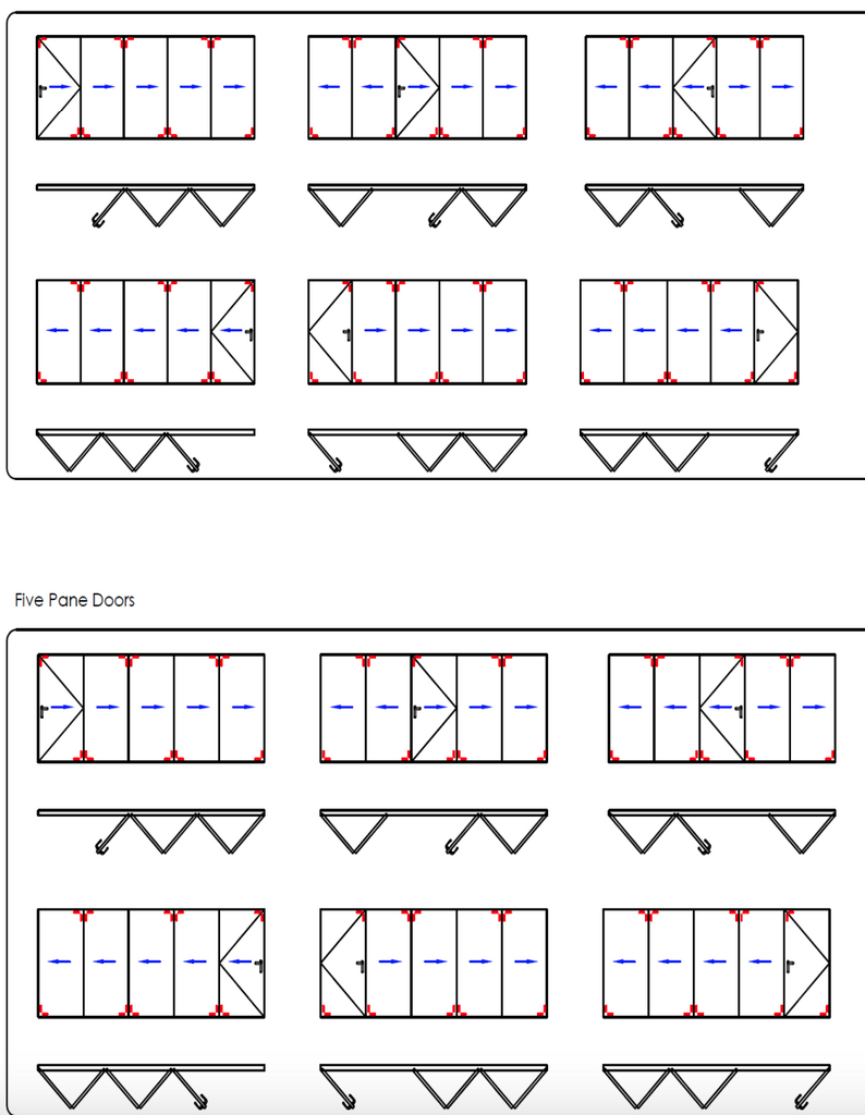 GFD Homes how to hang bifold doors: 5 Pane door configuration illustrating where to place packers. 