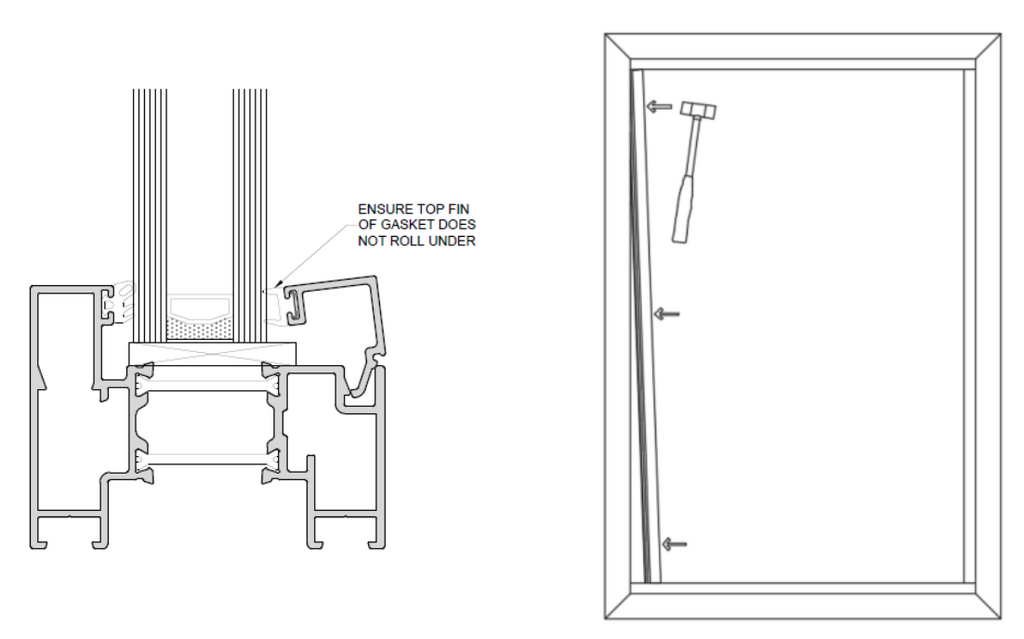 GFD Homes how to hang bifold doors: Illustration showing where to tap the bead during the quick glazed bead installation. 