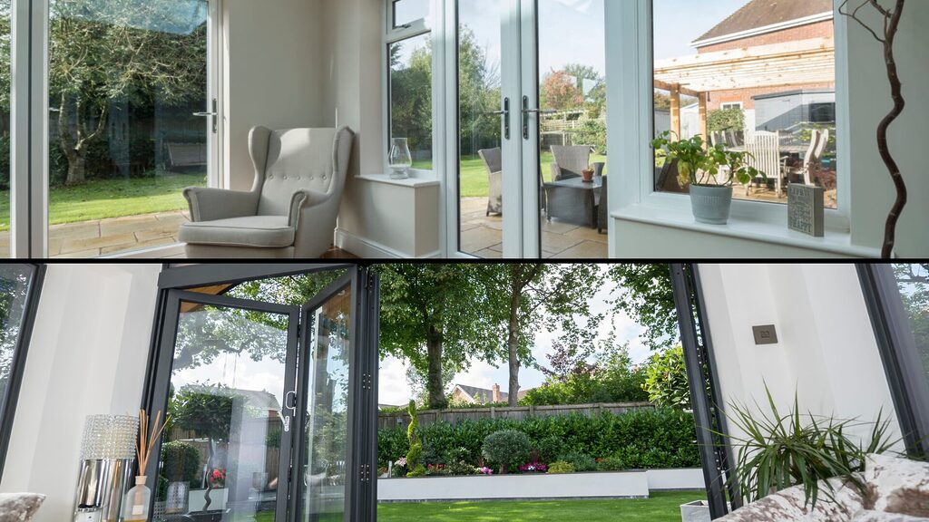 GFD Homes french doors vs bifold doors: top french doors closed, bottom bifold doors concertinaed open 