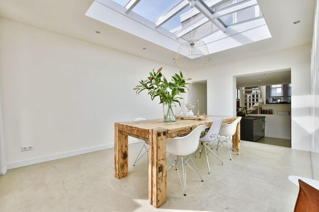 upvc or aluminium roof lantern : dining room with a smaller and shallower uPVC roof lantern 
