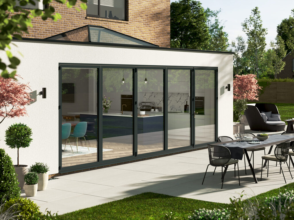 GFD Homes Bifold Doors: Side view of property with 5 pane bifold door and roof lantern. 