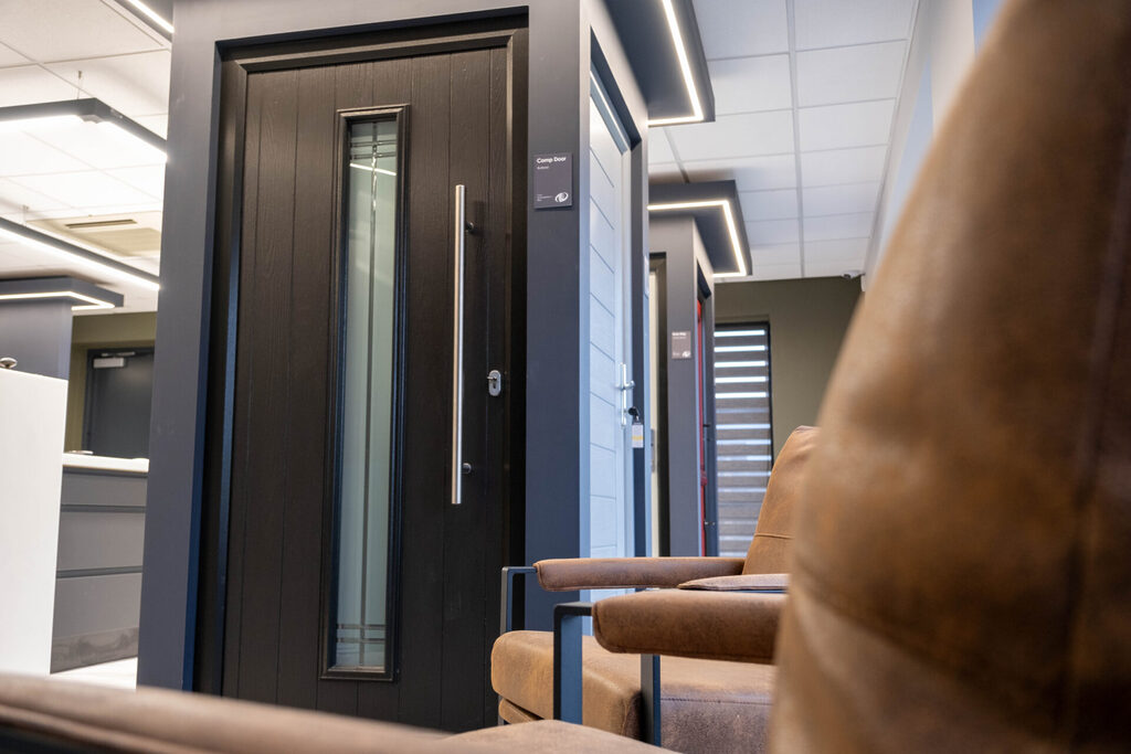 GFD Homes back door designs: Comp Door composite door in GFD Homes showroom. 