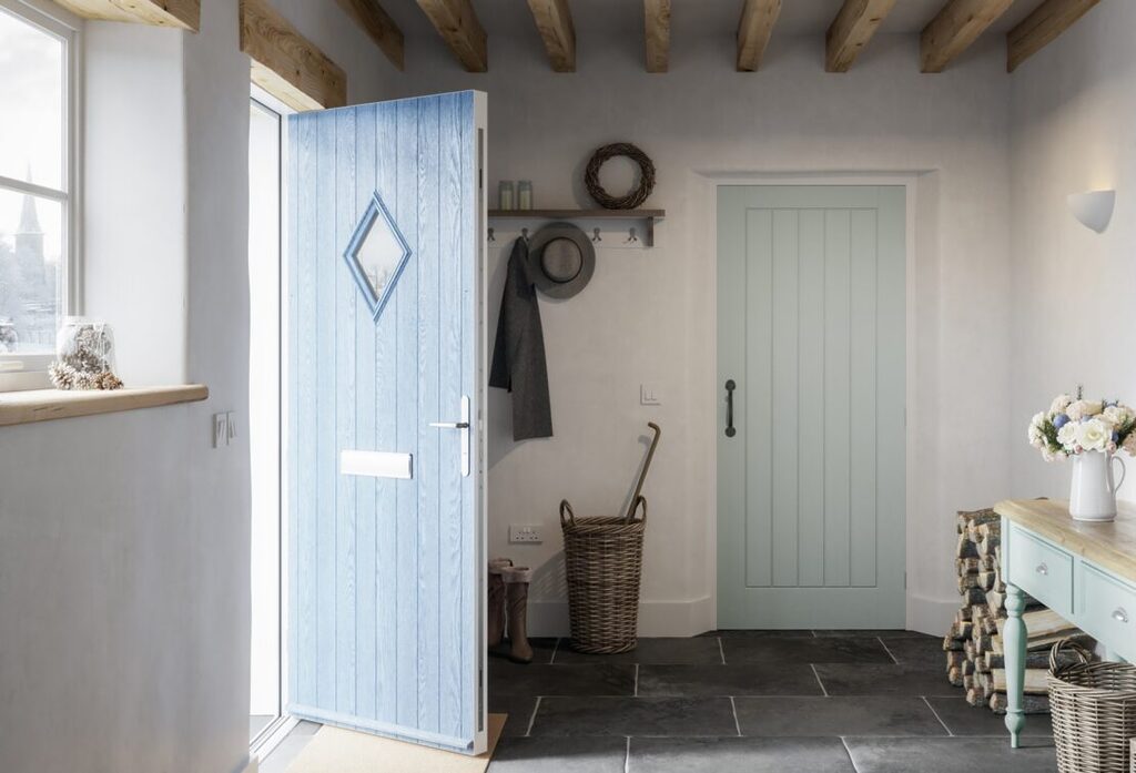 GFD Homes how to fit a door frame: Door Stop diamond composite door in duck egg blue as entrance door. 