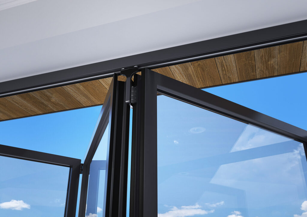 GFD Homes folding doors: Close up of top bifold door track with bifold opened