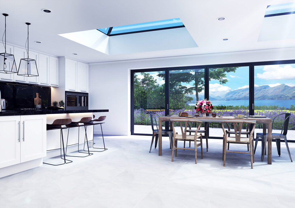 GFD Homes Korniche: bifold doors and roof lanterns letting the light into the home. 