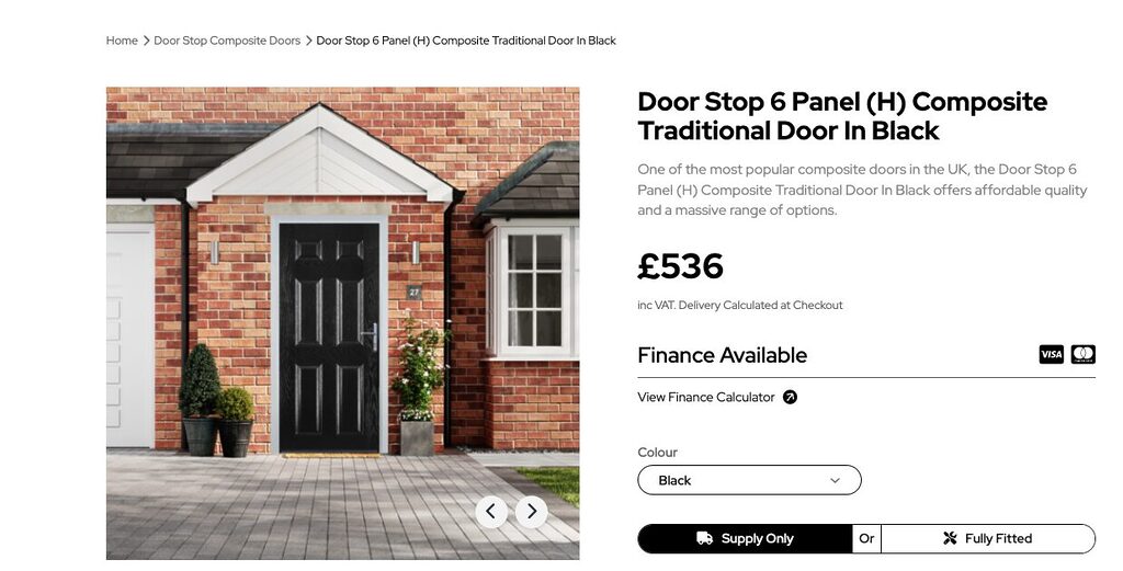 GFD Homes standard doorway measurements: screenshot showing GFD Homes Door Stop composite door price. 