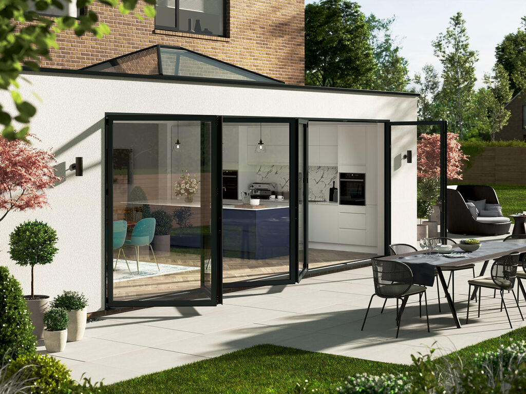 bifold door doors: large bifold door open with traffic door