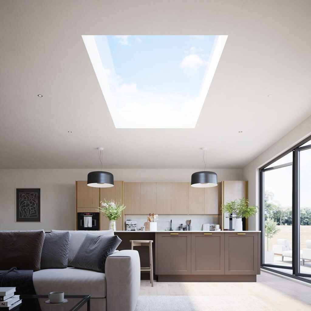 kitchen roof lanterns: flat glass roof light with living room below. 