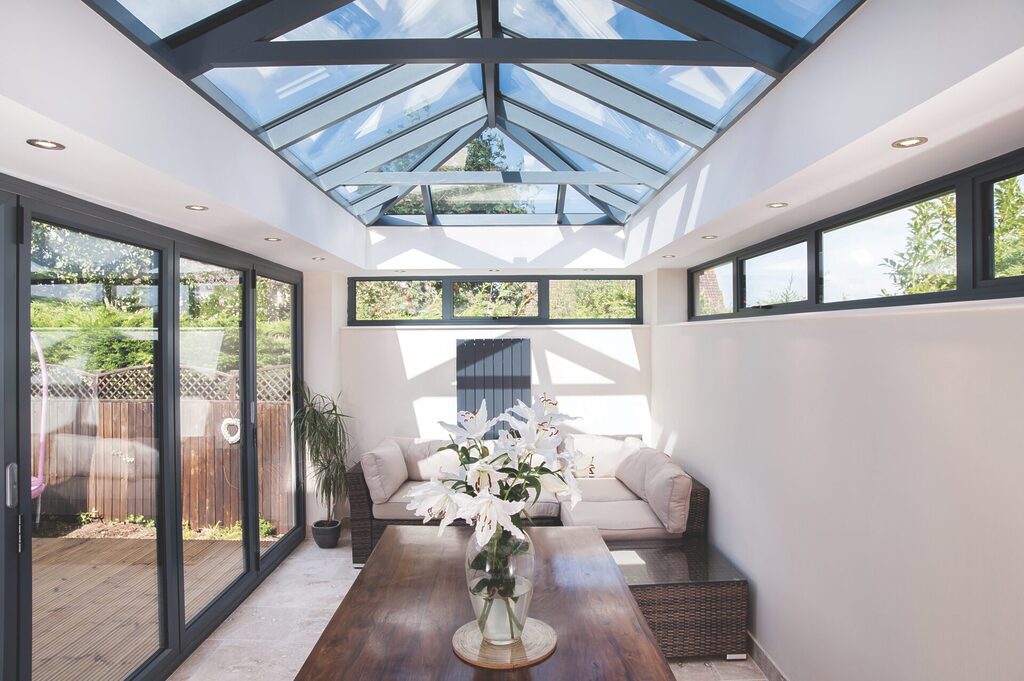 Roof lantern sizes :internal shot of a sizeable roof lantern ontop an extension